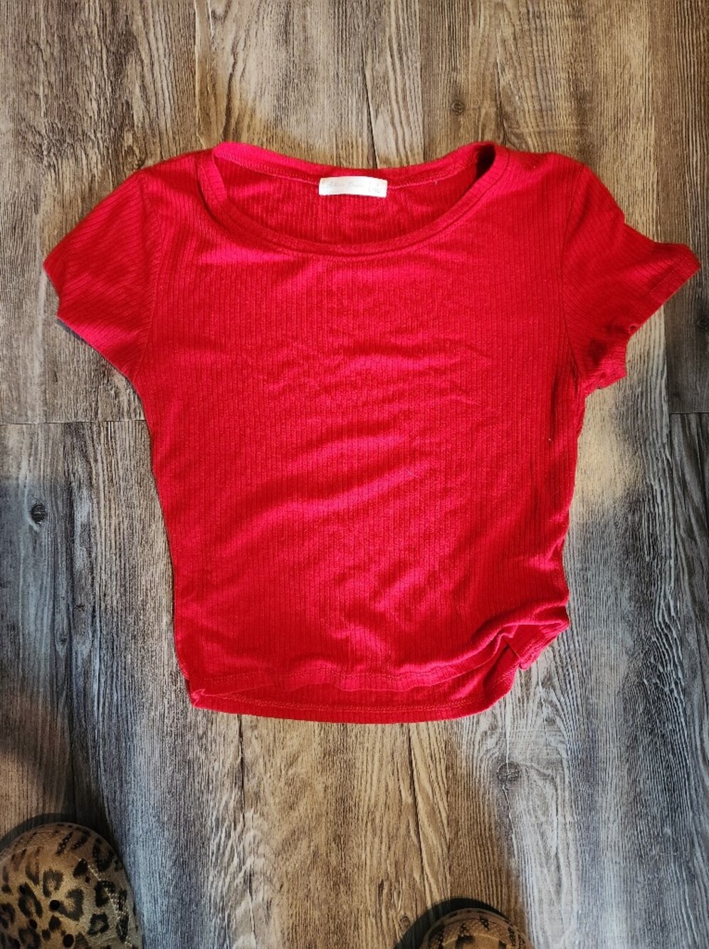 Active Basic Red Ribbed Short Sleeve Tee Cropped